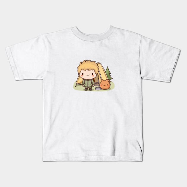 Kawaii camper boy with a tent and his cute friend Kids T-Shirt by Mon Kawaii Lab